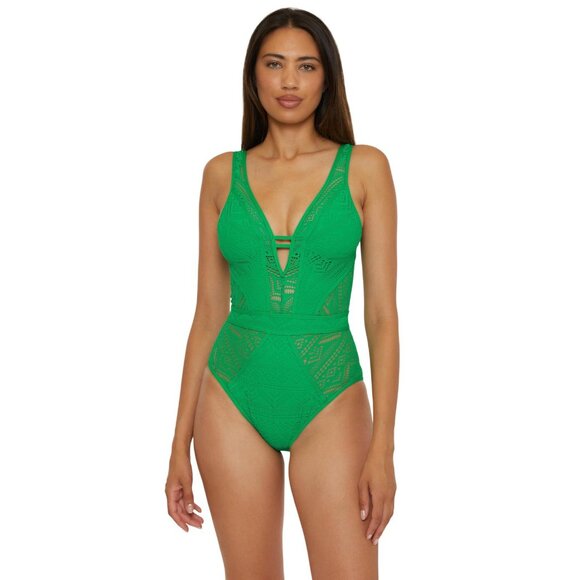 Becca Womens Crochet One Piece Plunge Neck Swimsuit 711057 Emerald Green L - Picture 4 of 6